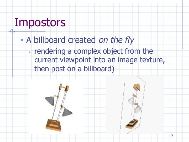 ImpostorsA billboard created on the flyrendering a complex object from the