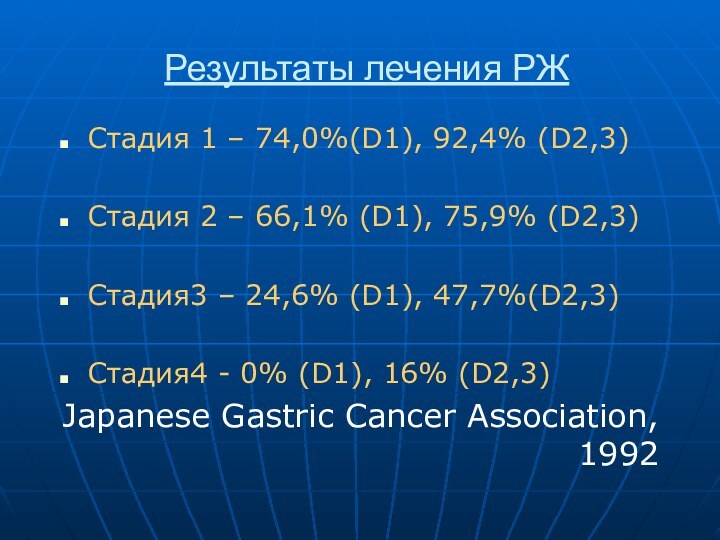 Результаты лечения РЖСтадия 1 – 74,0%(D1), 92,4% (D2,3)Стадия 2 – 66,1% (D1),