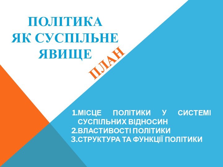 ПОЛІТИКА  ЯК СУСПІЛЬНЕ ЯВИЩЕПЛАНМІСЦЕ ПОЛІТИКИ У СИСТЕМІ СУСПІЛЬНИХ ВІДНОСИНВЛАСТИВОСТІ ПОЛІТИКИСТРУКТУРА ТА ФУНКЦІЇ ПОЛІТИКИ