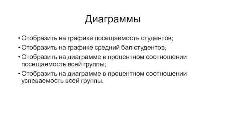 ДиаграммыОтобразить на графике посещаемость студентов;Отобразить на графике средний бал студентов;Отобразить на диаграмме