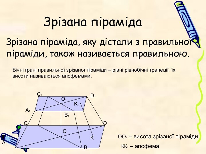 Зрізана пірамідаЗрізана піраміда, яку дістали з правильноїпіраміди, також називається правильною.Бічні грані правильної