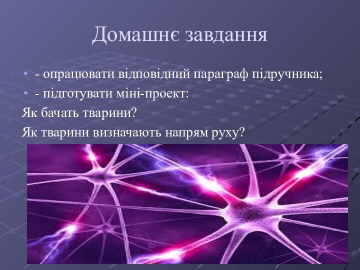 Домашнє завдання- опрацювати відповідний параграф підручника;- підготувати міні-проект:Як бачать тварини?Як тварини визначають напрям руху?