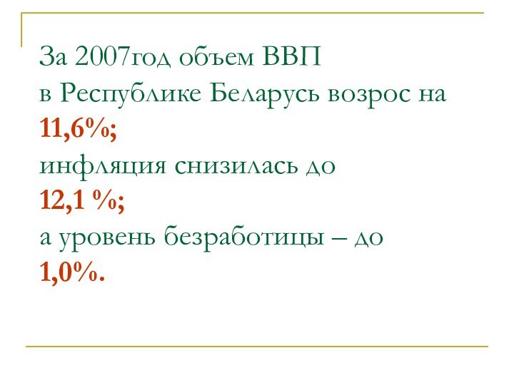 За 2007год объем ВВП  в Республике Беларусь возрос на  11,6%;