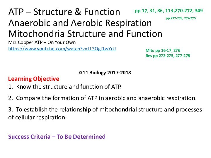 ATP – Structure & Function Anaerobic and Aerobic Respiration Mitochondria Structure and
