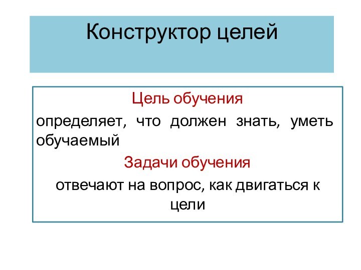 Конструктор целей Цель обучения определяет, что должен знать, уметь обучаемый Задачи обучения