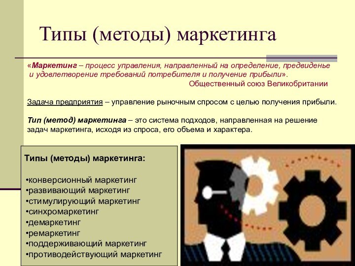 Типы (методы) маркетинга«Маркетинг – процесс управления, направленный на определение, предвиденье и удовлетворение