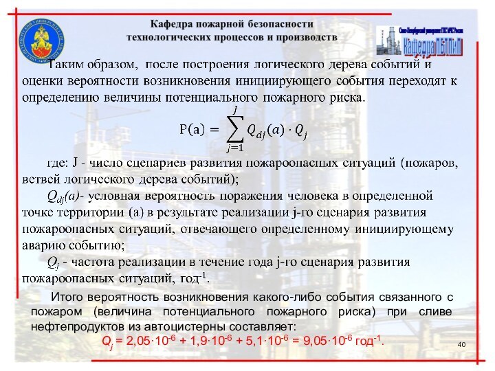  Итого вероятность возникновения какого-либо события связанного с пожаром (величина потенциального пожарного риска)