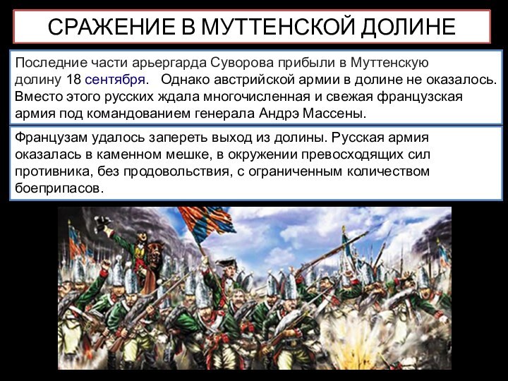 СРАЖЕНИЕ В МУТТЕНСКОЙ ДОЛИНЕПоследние части арьергарда Суворова прибыли в Муттенскую долину 18 сентября.  