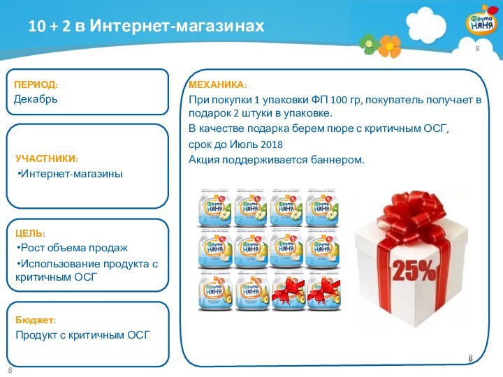 10 + 2 в Интернет-магазинахПЕРИОД:ДекабрьЦЕЛЬ:Рост объема продажИспользование продукта с критичным ОСГУЧАСТНИКИ:Интернет-магазины