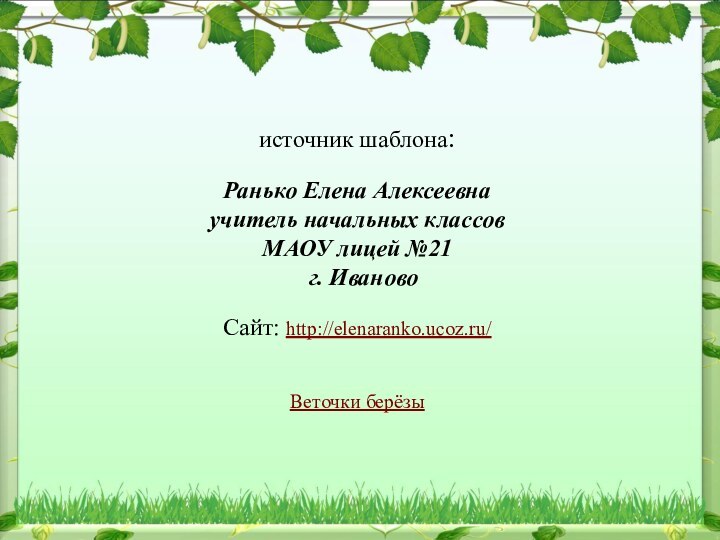 источник шаблона: Ранько Елена Алексеевна учитель начальных классов МАОУ лицей №21 г. ИвановоСайт: http://elenaranko.ucoz.ru/ Веточки берёзы