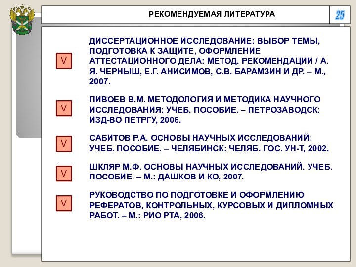 25 РЕКОМЕНДУЕМАЯ ЛИТЕРАТУРАДИССЕРТАЦИОННОЕ ИССЛЕДОВАНИЕ: ВЫБОР ТЕМЫ, ПОДГОТОВКА К ЗАЩИТЕ, ОФОРМЛЕНИЕ АТТЕСТАЦИОННОГО ДЕЛА: