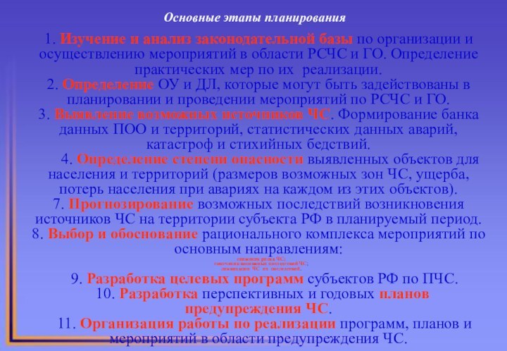 Основные этапы планирования1. Изучение и анализ законодательной базы по организации и осуществлению