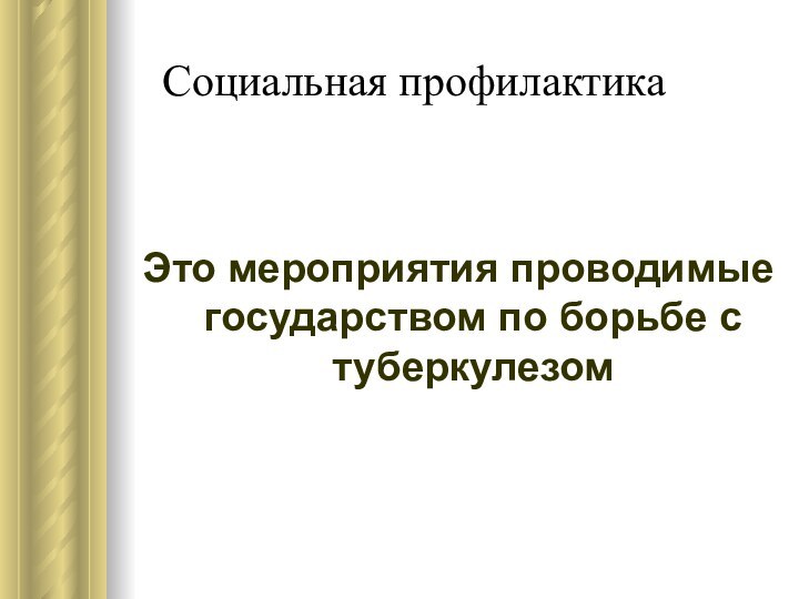 Социальная профилактикаЭто мероприятия проводимые государством по борьбе с туберкулезом