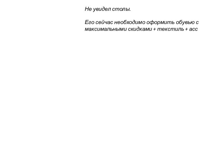 Не увидел столы.Его сейчас необходимо оформить обувью с максимальными скидками + текстиль + асс