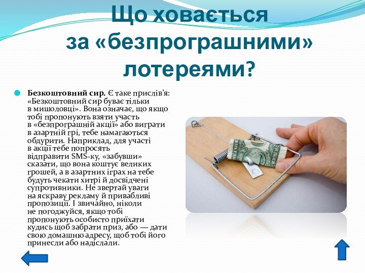 Що ховається за «безпрограшними» лотереями?Безкоштовний сир. Є таке прислів’я: «Безкоштовний сир буває тільки в мишоловці». Вона означає, що якщо