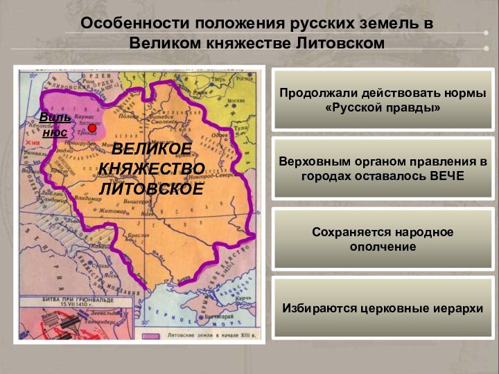 Особенности положения русских земель в Великом княжестве ЛитовскомВильнюсВЕЛИКОЕКНЯЖЕСТВОЛИТОВСКОЕПродолжали действовать нормы «Русской правды»Верховным