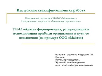 Анализ формирования, распределения и использования прибыли организации и пути ее повышения (на примере ООО Майто)