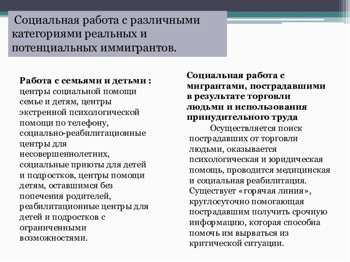 Социальная работа с различными категориями реальных и потенциальных иммигрантов.Работа с семьями