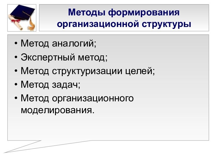 Методы формирования организационной структурыМетод аналогий;Экспертный метод;Метод структуризации целей;Метод задач;Метод организационного моделирования.