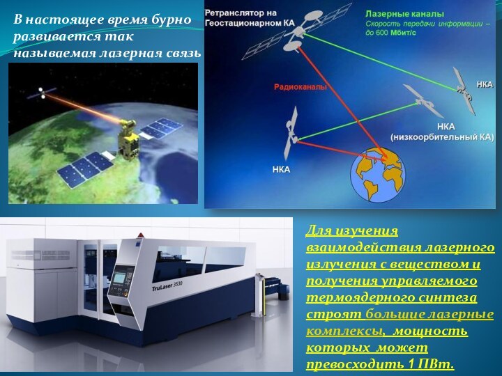 В настоящее время бурно развивается так называемая лазерная связьДля изучения взаимодействия лазерного излучения