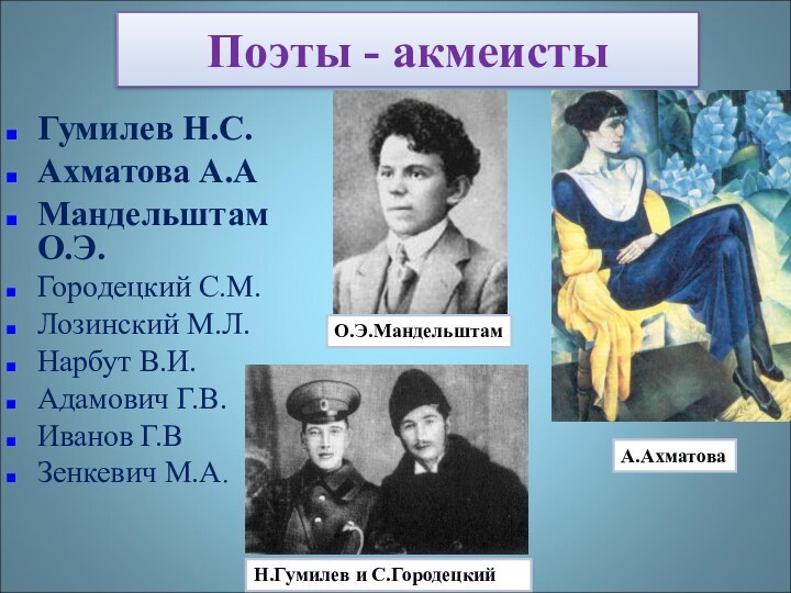 Поэты - акмеистыГумилев Н.С.Ахматова А.АМандельштам О.Э.Городецкий С.М.Лозинский М.Л.Нарбут В.И.Адамович Г.В.Иванов Г.ВЗенкевич М.А.А.АхматоваН.Гумилев и С.ГородецкийО.Э.Мандельштам