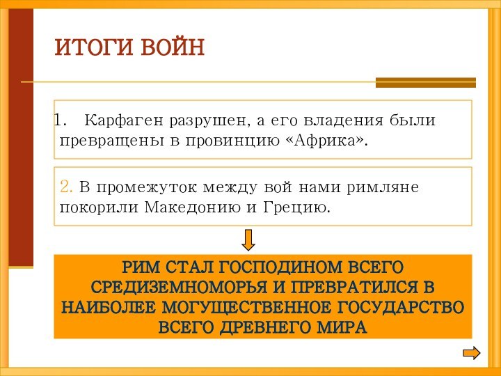 ИТОГИ ВОЙНКарфаген разрушен, а его владения были превращены в провинцию «Африка».2. В