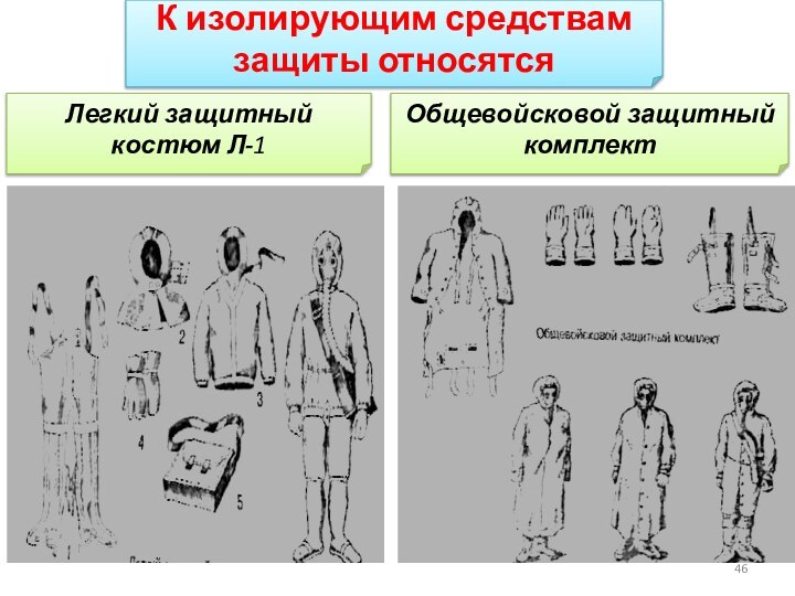 К изолирующим средствам защиты относятся Легкий защитный костюм Л-1 Общевойсковой защитный комплект