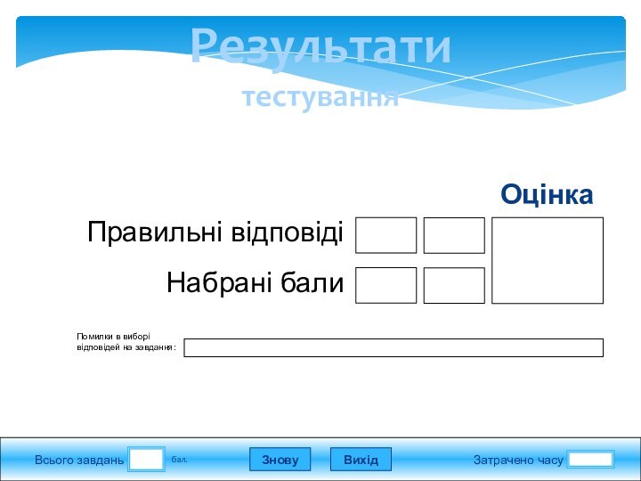 Затрачено часуВихідЗнову бал.Всього завданьПомилки в виборі відповідей на завдання:Набрані балиПравильні відповідіОцінкаРезультати тестування