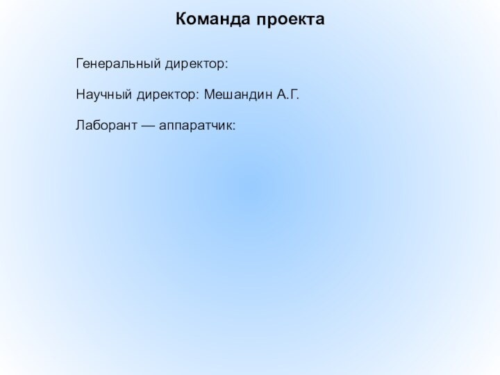 Команда проектаГенеральный директор: Научный директор: Мешандин А.Г.Лаборант — аппаратчик: