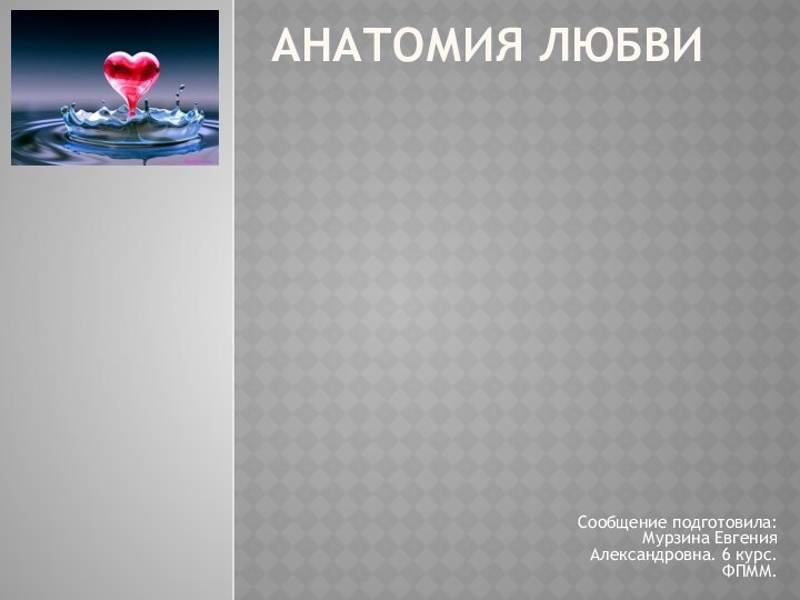 АНАТОМИЯ ЛЮБВИСообщение подготовила: Мурзина Евгения Александровна. 6 курс. ФПММ.