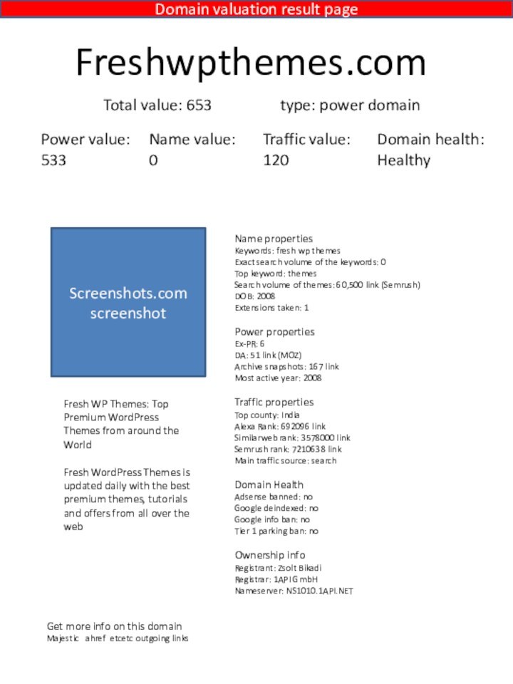 Freshwpthemes.comPower value: 533Name value:0Traffic value:120Domain health:HealthyTotal value: 653Screenshots.com screenshotName propertiesKeywords: fresh wp