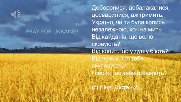 Доборолися, добалакалися,досварилися, аж гримить.Україно, чи ти була колисьнезалежною, хоч на митьВід кайданів,