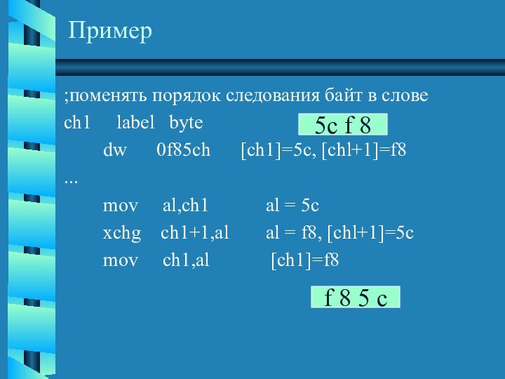 Пример;поменять порядок следования байт в словеch1     label   byte        dw      0f85ch		[ch1]=5c, [chl+1]=f8...						        mov    