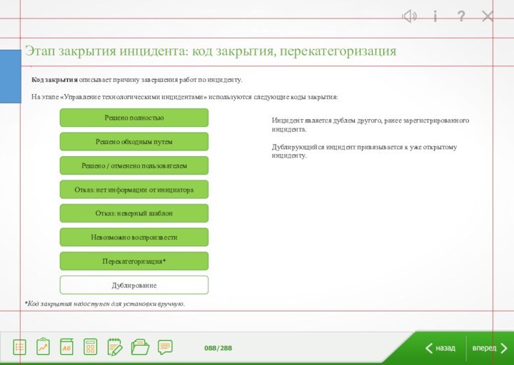 Этап закрытия инцидента: код закрытия, перекатегоризацияИнцидент является дублем другого, ранее зарегистрированного инцидента.Дублирующийся