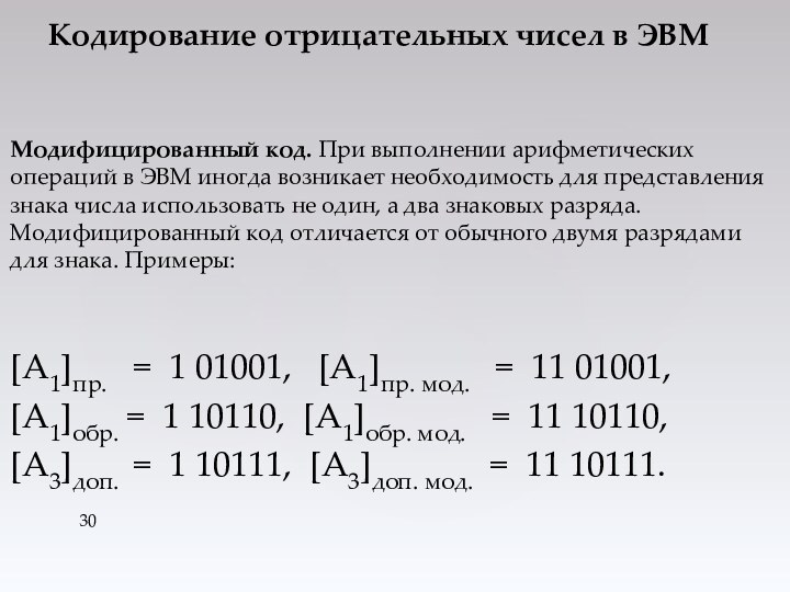 Модифицированный код. При выполнении арифметических операций в ЭВМ иногда возникает необходимость для