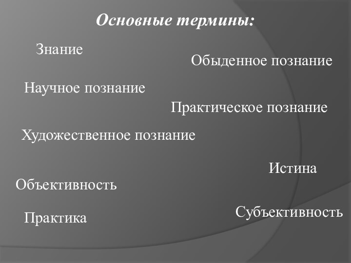 Основные термины: ЗнаниеОбыденное познаниеНаучное познаниеПрактическое познаниеХудожественное познаниеИстинаОбъективностьСубъективностьПрактика