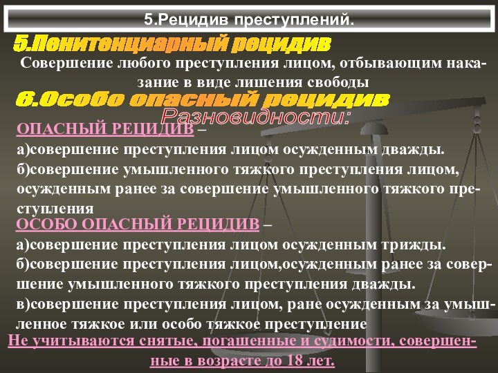 5.Рецидив преступлений.5.Пенитенциарный рецидивСовершение любого преступления лицом, отбывающим нака-зание в виде лишения свободы6.Особо