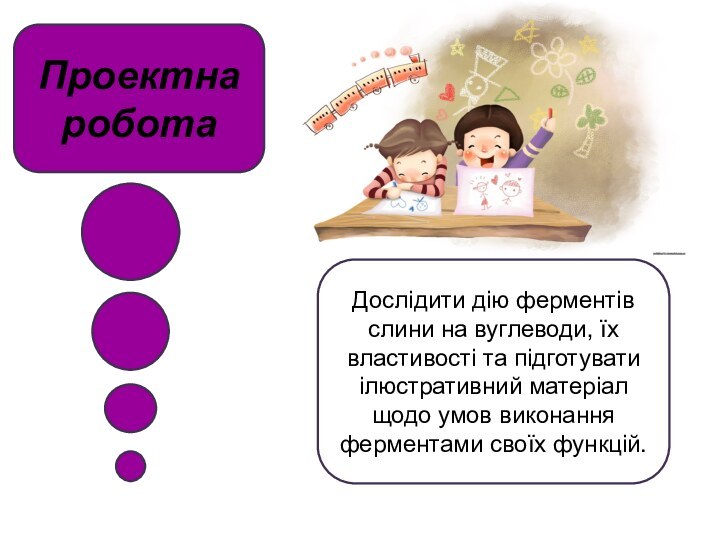 Проектна роботаДослідити дію ферментів слини на вуглеводи, їх властивості та підготувати ілюстративний