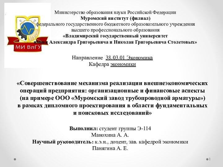 Министерство образования науки Российской ФедерацииМуромский институт (филиал)федерального государственного бюджетного образовательного учреждениявысшего профессионального