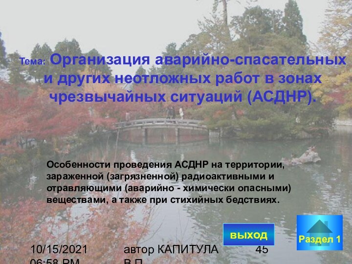 10/15/2021 06:58 PMавтор КАПИТУЛА В.П.Тема: Организация аварийно-спасательных и других неотложных работ в