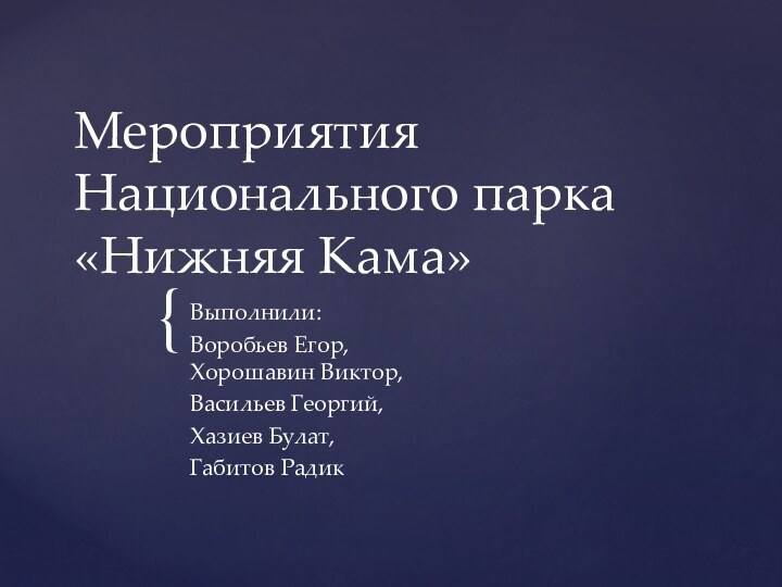 Мероприятия Национального парка «Нижняя Кама»Выполнили:Воробьев Егор, Хорошавин Виктор,Васильев Георгий,Хазиев Булат,Габитов Радик