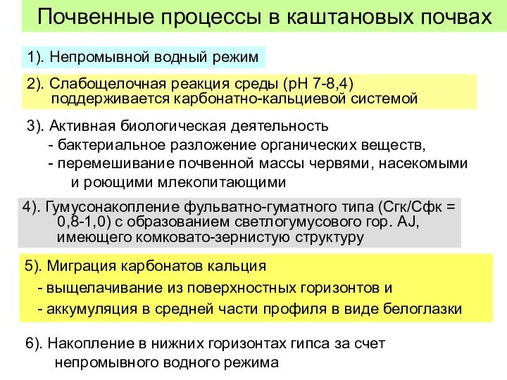 Почвенные процессы в каштановых почвах1). Непромывной водный режим2). Слабощелочная реакция среды (рН