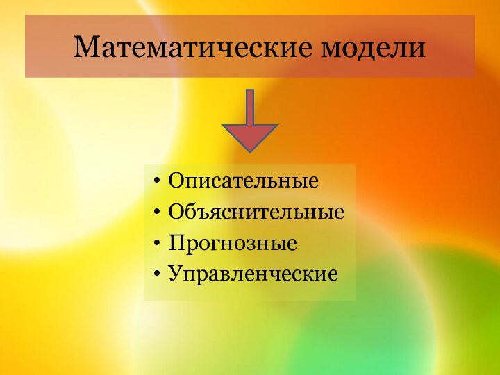 Математические моделиОписательные ОбъяснительныеПрогнозныеУправленческие