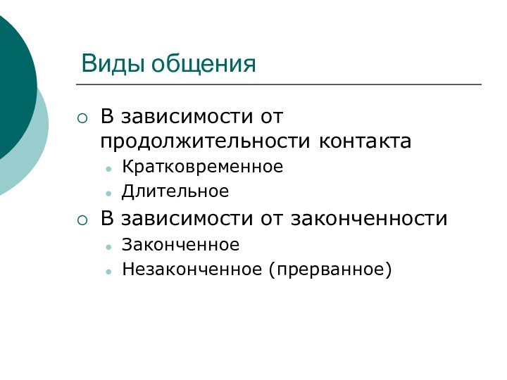 Виды общенияВ зависимости от продолжительности контактаКратковременноеДлительноеВ зависимости от законченностиЗаконченноеНезаконченное (прерванное)