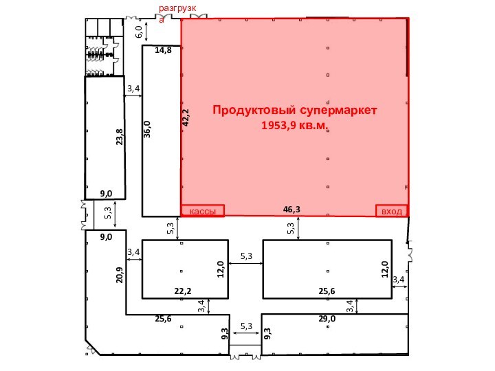 Продуктовый супермаркет1953,9 кв.м.23,89,09,09,320,925,612,022,29,329,025,612,014,836,042,246,3кассывход6,03,4 5,35,33,4 5,35,3 3,4 3,4 3,4 5,3разгрузка