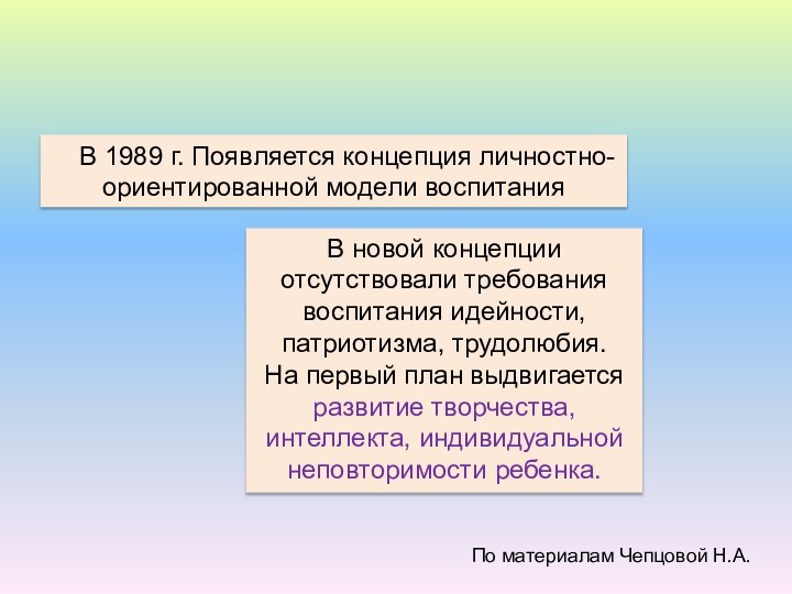 В 1989 г. Появляется концепция личностно-ориентированной модели воспитанияВ новой концепции отсутствовали