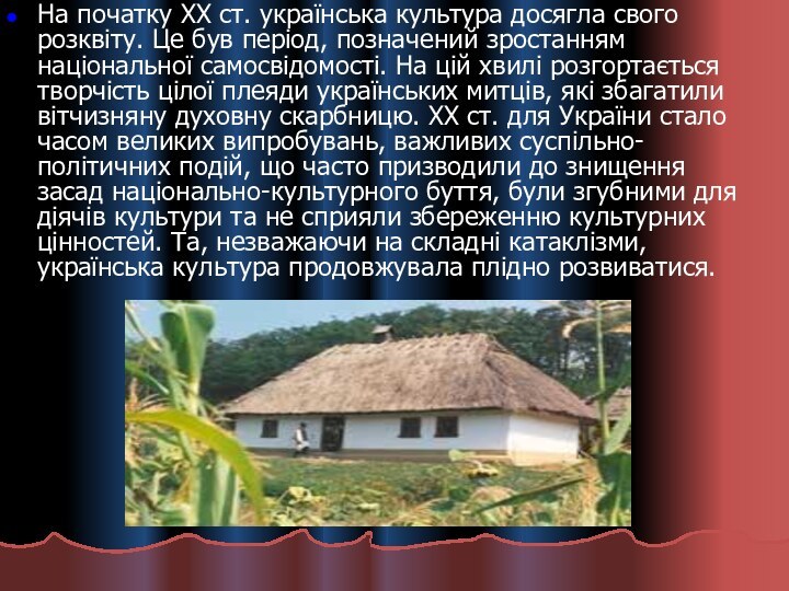 На початку XX ст. українська культура досягла свого розквіту. Це був період,