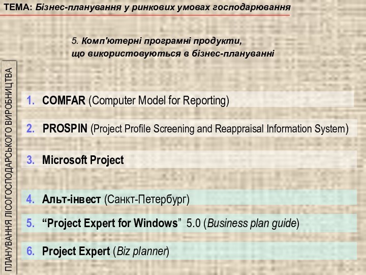 ТЕМА: Бізнес-планування у ринкових умовах господарювання5. Комп'ютерні програмні продукти, що використовуються в