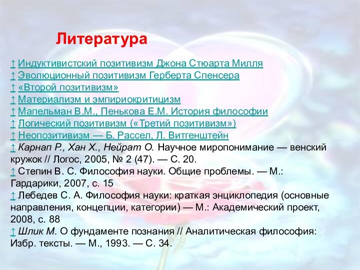 ↑ Индуктивистский позитивизм Джона Стюарта Милля↑ Эволюционный позитивизм Герберта Спенсера↑ «Второй позитивизм»↑ Материализм и эмпириокритицизм↑ Мапельман В.М.,