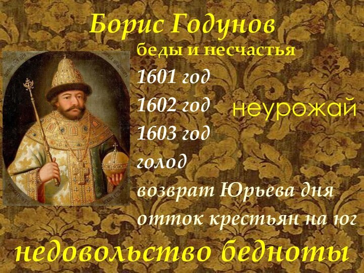 Борис Годуновбеды и несчастья1601 год 1602 год 1603 годголодвозврат Юрьева дняотток крестьян на югнеурожайнедовольство бедноты